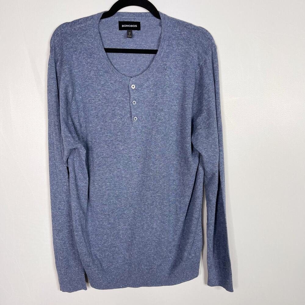 Bonobos Mens Large L Blue Henley Pullover Sweater Lightweight Cotton Hemp Silk
